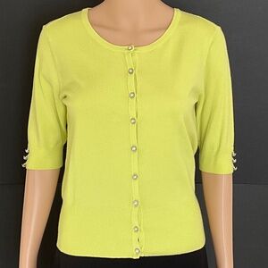 Audrey & Grace Lime Green Cardigan Pearl Buttons Crew Neck Size PM